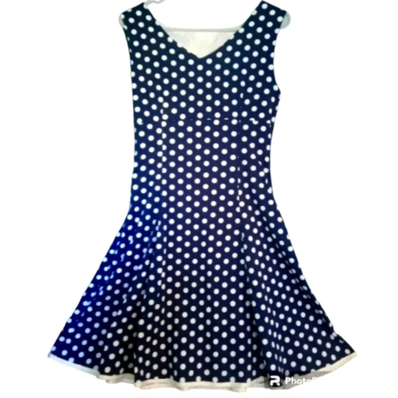 Acevog Navy White Polkadot Swing Dress Size Medium Midi Length - Picture 2 of 5